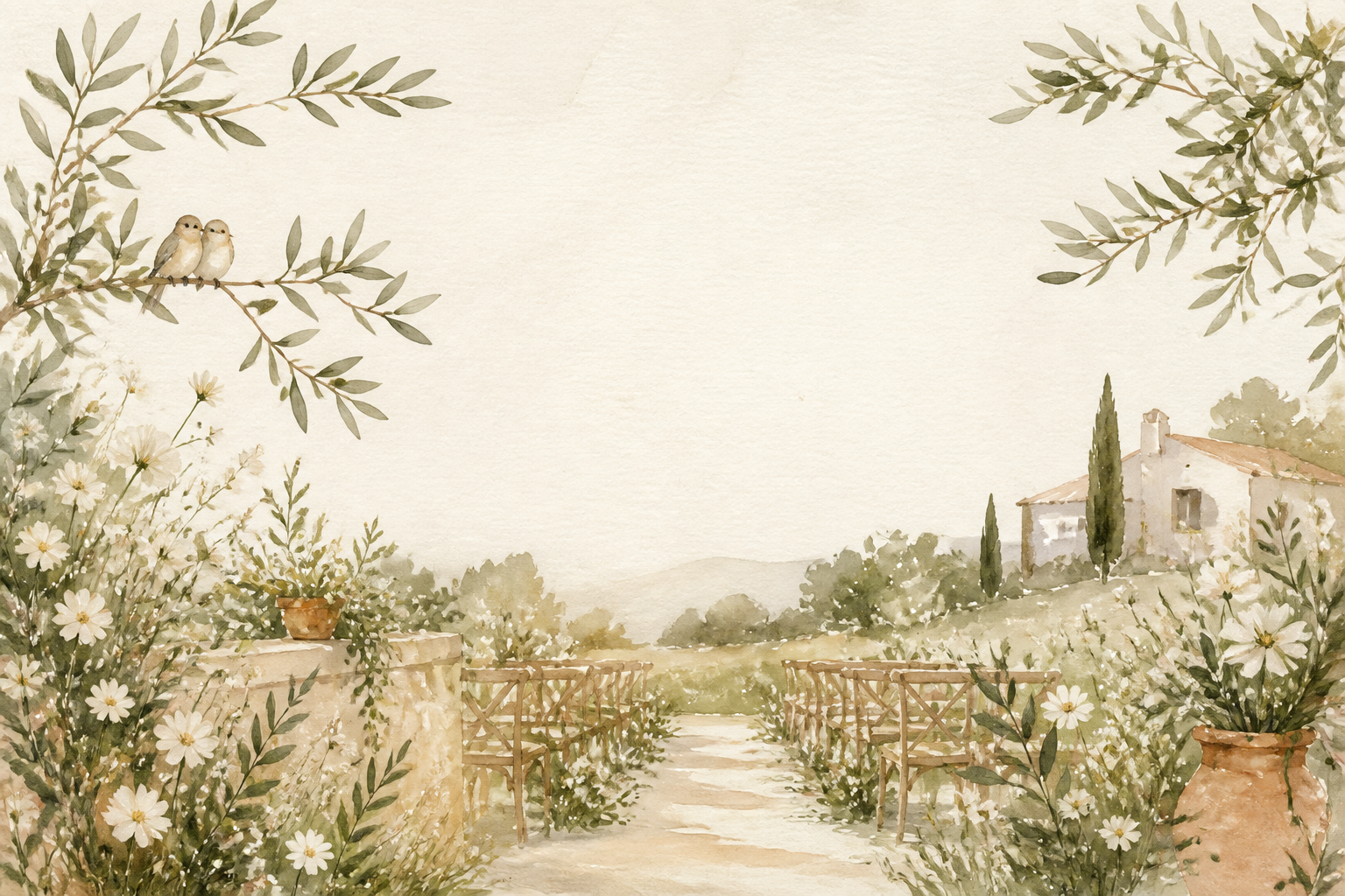 Ilustración en acuarela de una celebración campestre entre flores y pájaros